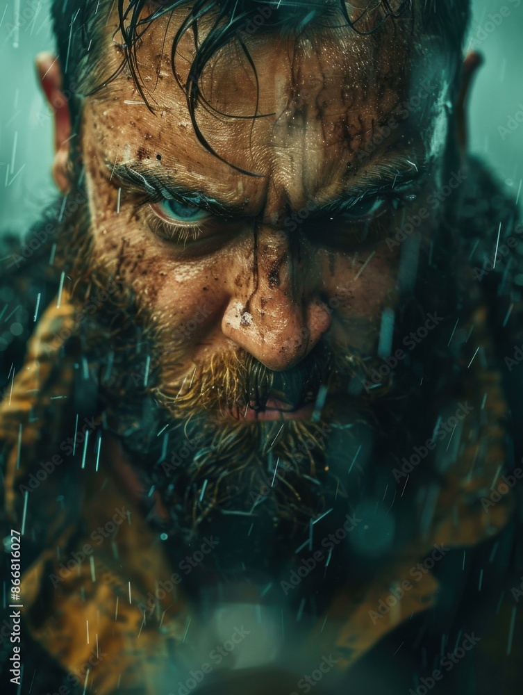 Portrait of a man with a beard and intense expression, his face wet from the rain. AI. Portrait of a man with a beard and intense expression, his face wet from the rain. AI.