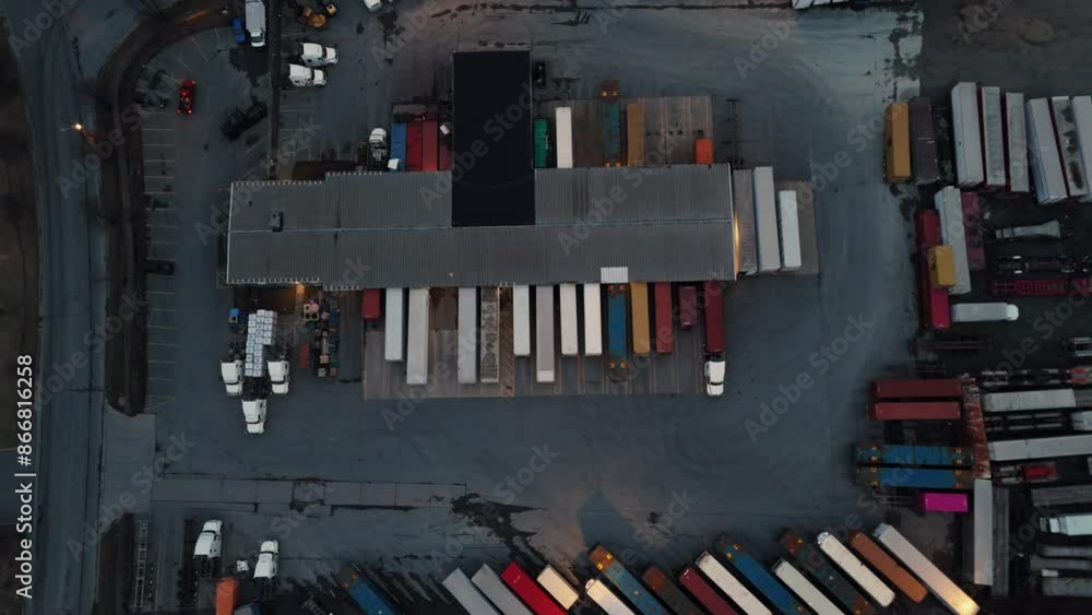 Top view of warehouses with trucks at night in Dartmouth, Canada. Aerial Night View of Warehouses with Trucks and Semi-Trailers. active warehouses at night, filled with motion trucks and semi-trailers Top view of warehouses with trucks at night in Dartmouth, Canada. Aerial Night View of Warehouses with Trucks and Semi-Trailers. active warehouses at night, filled with motion trucks and semi-trailers