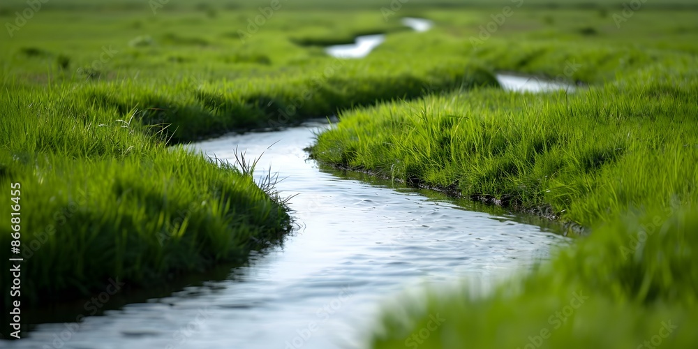 Restoring a river A winding stream in a lush field. Concept River restoration, Healthy ecosystem, Nature conservation, Sustainable practices, Biodiversity conservation