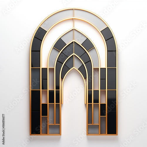 a black and gold arch next to a white wall