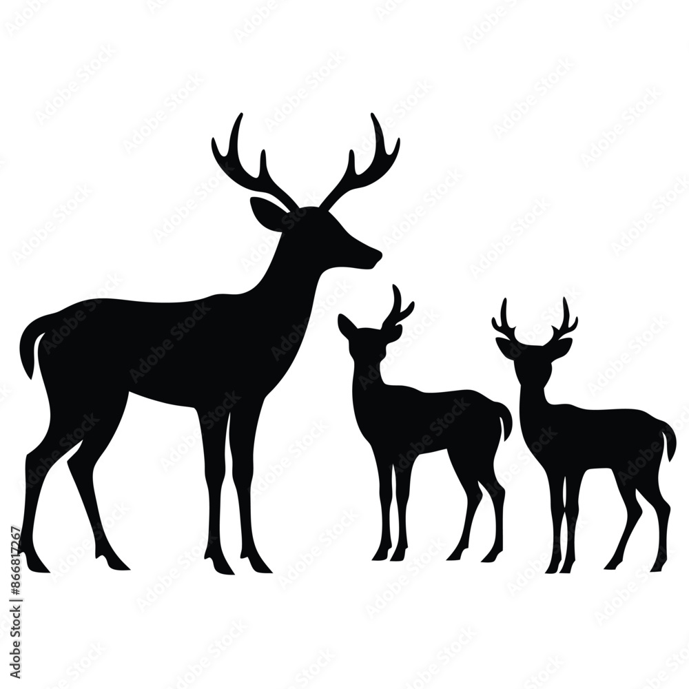 Fototapeta premium Deer family silhouette, vector black color silhouette.