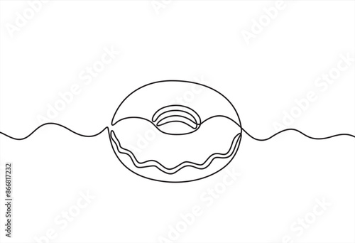 Continuous one line drawing of delicious donut with topping isolated on white background. Food concept vector illustration.