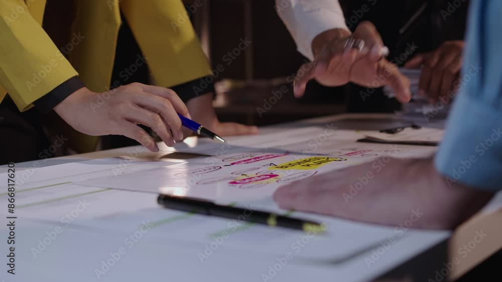 Diverse business team collaborating on a design project, brainstorming and finalizing ideas on a whiteboard in a well-lit office setting Diverse business team collaborating on a design project, brainstorming and finalizing ideas on a whiteboard in a well-lit office setting
