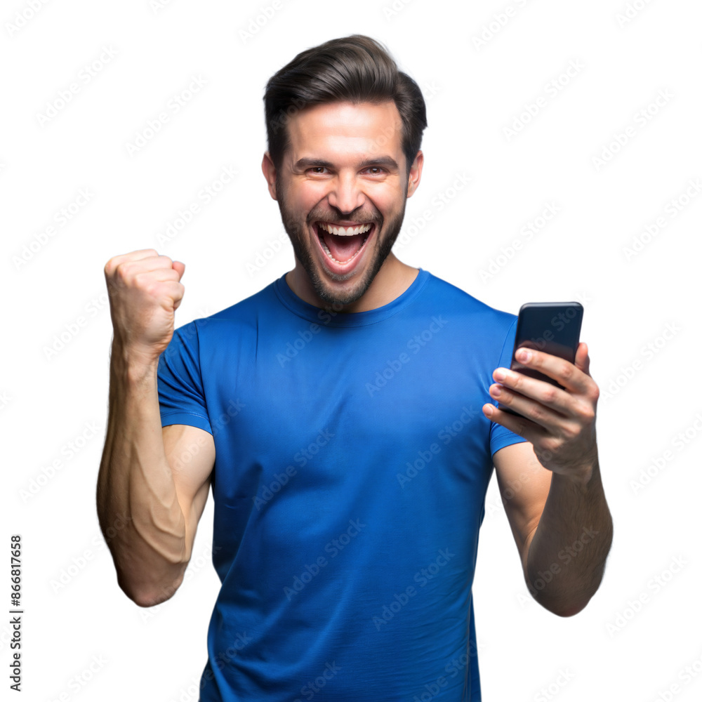 Excited Man Celebrating Success While Holding Smartphone