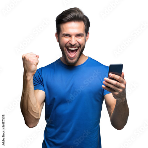 Obraz na płótnie Excited Man Celebrating Success While Holding Smartphone w salonie