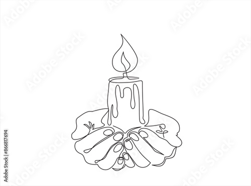 Continuous one line drawing of a hands holding burning candle. Human hands holding a memory candle. Melting wax candle in hands. Vector minimalism design isolated on white background
