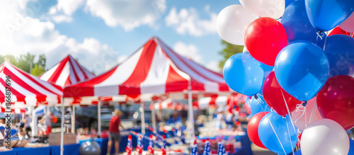 Fototapeta Naklejka Na Ścianę i Meble -  a  of a community event with tents decorated in red, white, and blue, Patriotism, Fourth of July, Balloon, Party, Social Event, Celebration, Celebration Event, Indepe