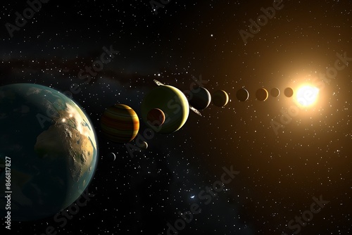 A cluster of planets aligned in orbit within a solar system