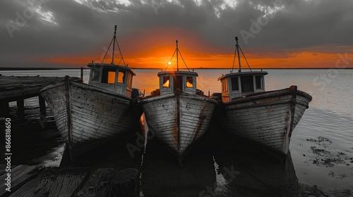 Orange Sunset Illuminates Weathered Fishing Boats at Twilight Harbor photo