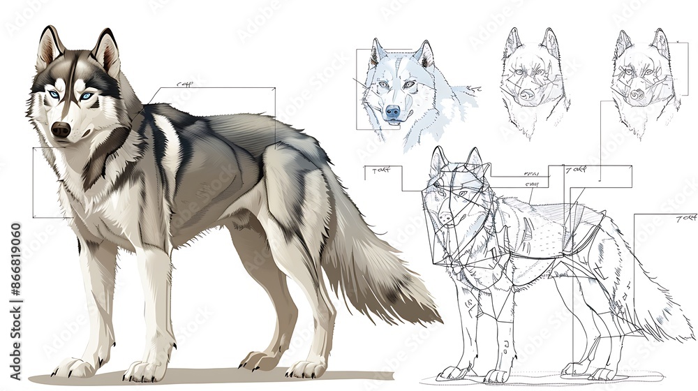 Obraz premium Educational visual aid Siberian Husky Canis lupus familiaris illustrating origins in Siberia roles as a sled dog and striking blue eyes with diagrams of its thick double coat and wolflike appearance