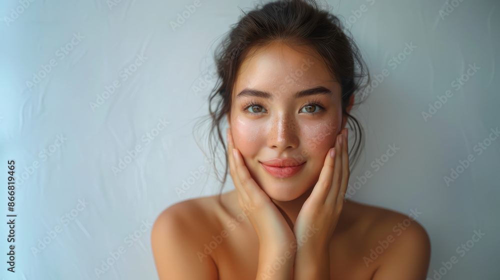 Obraz premium beautiful young Korean woman touches her face with hands on white background, beauty shoot, healthy clean skin, studio, head shot, model, wellness, makeup, female, smile, Asian, Japanese, Chinese girl