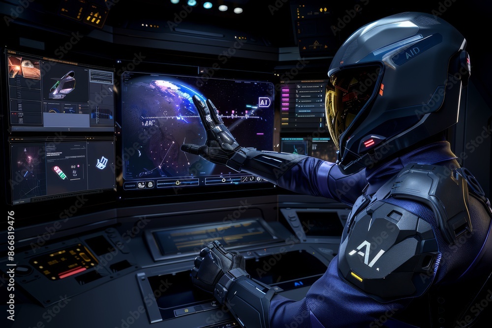 Person in high tech control room with AI holographic display, showcasing advanced technology, artificial intelligence, and high tech cybernetics in a futuristic environment Person in high tech control room with AI holographic display, showcasing advanced technology, artificial intelligence, and high tech cybernetics in a futuristic environment