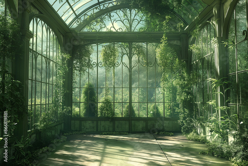 Greenhouse filled with exotic plants, in the style of clear glass and moss green, botanical paradise, climbing vines