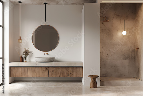 Modern bathroom with marble fixtures, light brown wood paneling, and an empty white wall on the left, light background, mockup concept. 3D Rendering
