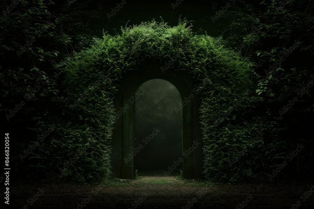 Obraz premium A mysterious archway of lush greenery leads into a dark, shadowy forest.
