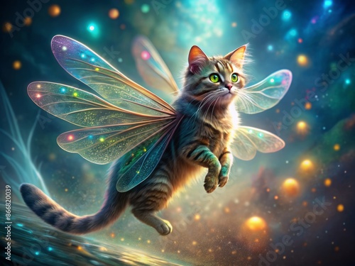Whimsical cat with iridescent dragonfly wings delicately floats against a transparent backdrop, evoking a sense of magical wonder and perfect for fantastical artwork and literary creations.