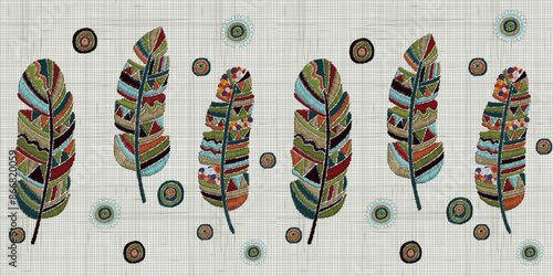 Embroidery Feathers. Horizontal Seamless Pattern. Colorful hoop art. Boho, crafts, hand embroidery patterns. Linen cloth texture. Vector.	