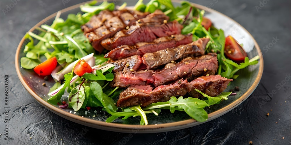 Serving a Grilled Steak and Mixed Greens Salad on an Elegant Ceramic Plate. Concept Food Photography, Grilled Steak, Mixed Greens Salad, Elegant Plate, Culinary Art Serving a Grilled Steak and Mixed Greens Salad on an Elegant Ceramic Plate. Concept Food Photography, Grilled Steak, Mixed Greens Salad, Elegant Plate, Culinary Art