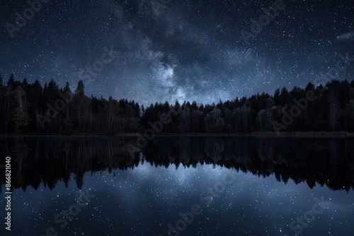 A serene night sky filled with stars reflects in a still lake, creating a breathtaking mirror image