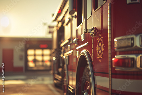 A close-up of a fire truck parked in a fire station with sunlight illuminating its side and equipment
