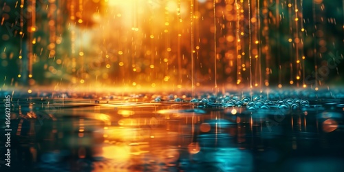 Beautiful rain scene, golden bokeh, water droplets on the ground, ethereal and tranquil outdoor view