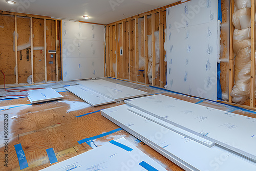 Expansion polystyrene installation for floor thermal insulation in new house
 photo