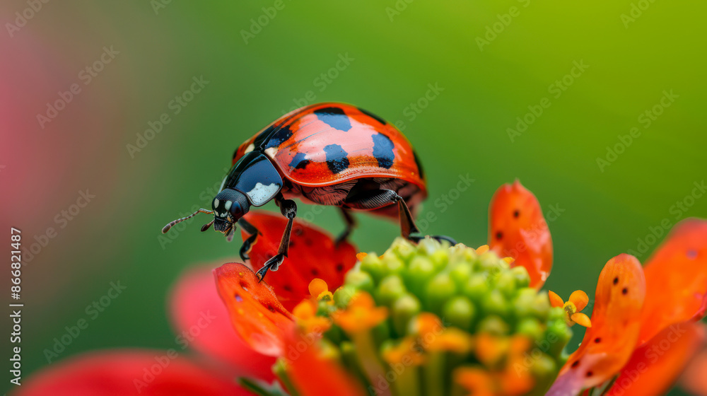 A close-up of a ladybug sitting on a delicate flower, showing their extraordinary beauty.
