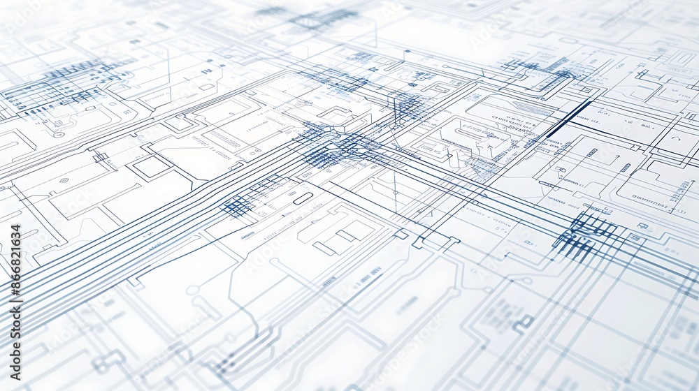 Abstract circuit pattern overlay on an architectural blueprint against a clean white background, symbolizing the integration of technology in modern building design, presented in realistic Abstract circuit pattern overlay on an architectural blueprint against a clean white background, symbolizing the integration of technology in modern building design, presented in realistic