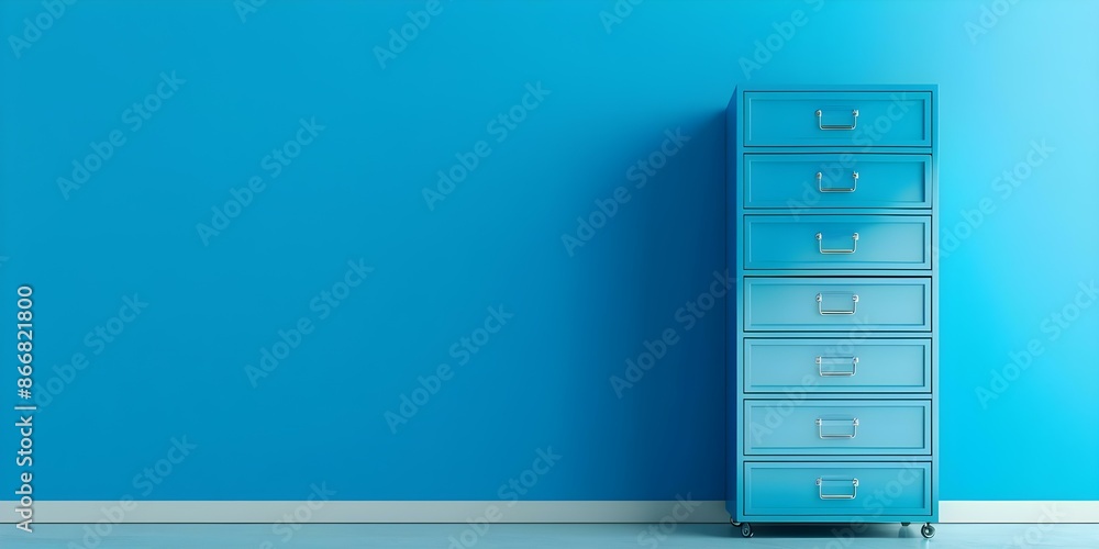 Organized file storage with blue file cabinet against blue background. Concept Organized File Storage, Blue File Cabinet, Blue Background, Office Organization Organized file storage with blue file cabinet against blue background. Concept Organized File Storage, Blue File Cabinet, Blue Background, Office Organization