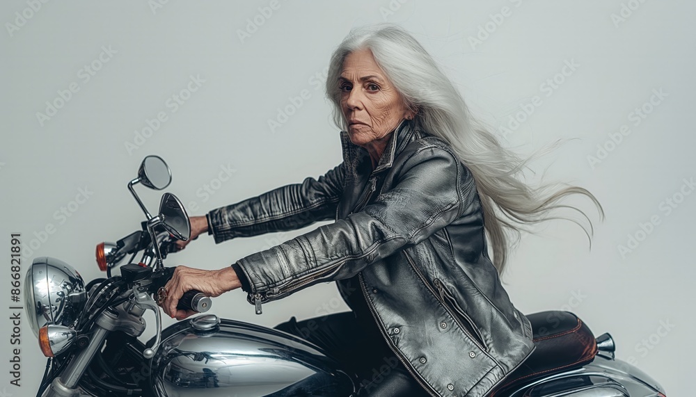 Obraz premium An older woman with long white hair rides a sleek motorcycle, donned in a grey leather jacket. The image exudes strength and freedom with a touch of elegance.