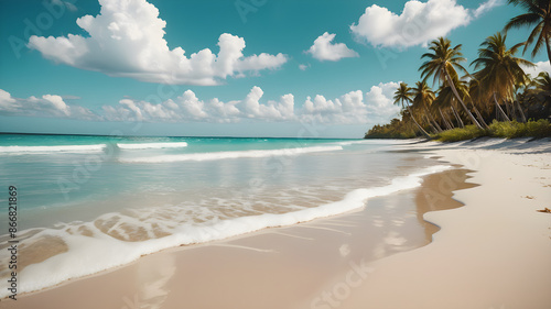 Gorgeous tranquil beach with gentle waves lapping against the. The water is a beautiful turquoise color, and the sand is golden with patches of seashells. The beach is lined with palm trees 