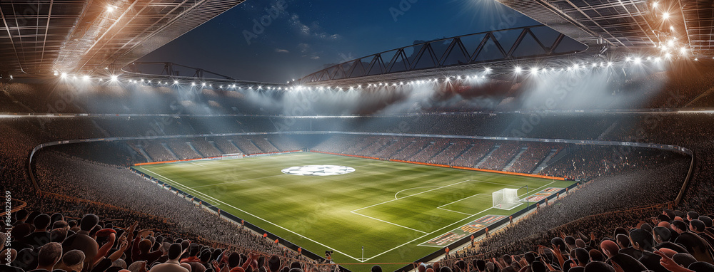A large soccer stadium filled with fans, showcasing the illuminated field and stands with bright lights, capturing an immersive view of professional sports action, perfect for digital advertising A large soccer stadium filled with fans, showcasing the illuminated field and stands with bright lights, capturing an immersive view of professional sports action, perfect for digital advertising