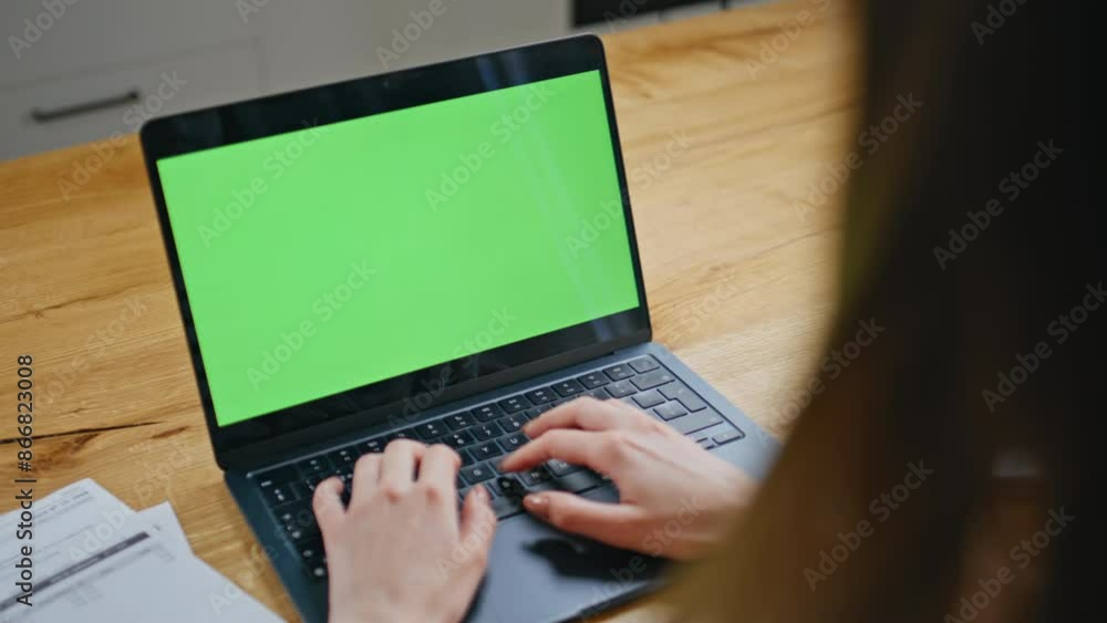 Woman hands typing mockup laptop on office desk closeup. Businesswoman writing Woman hands typing mockup laptop on office desk closeup. Businesswoman writing