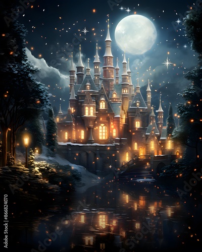 Illustration of a fairy tale castle at night in the moonlight © Michelle