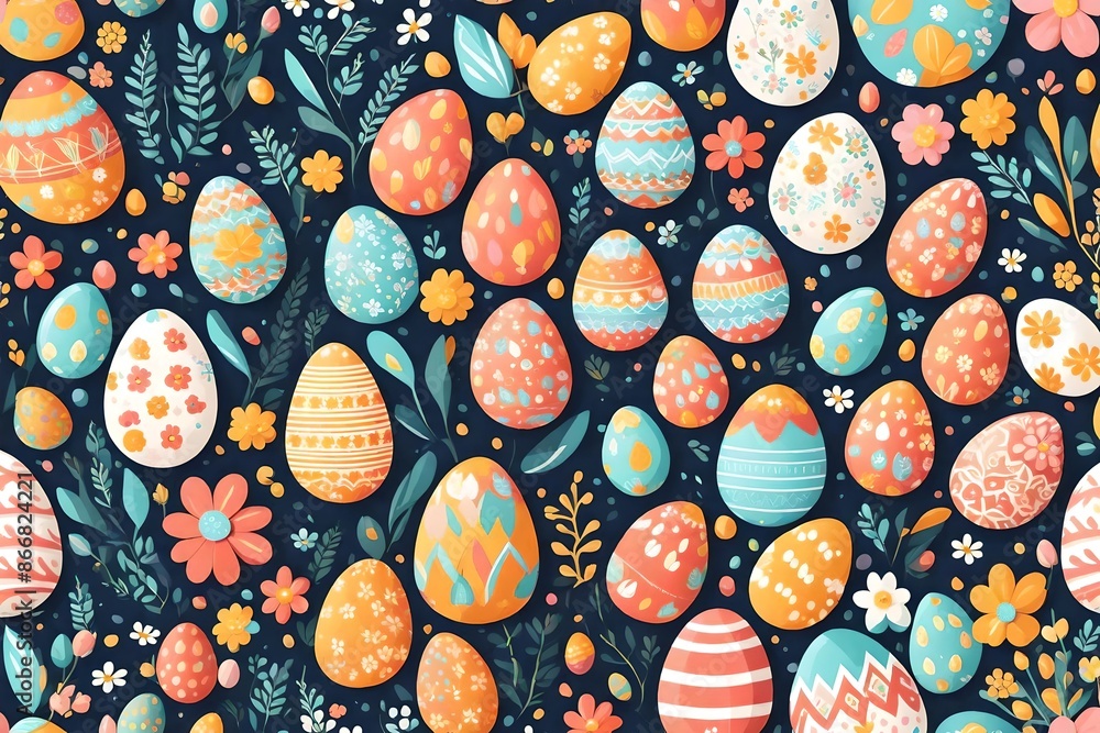 Happy Easter seamless pattern vector. Set of square cover design with easter egg, flower, foliage, paw Happy Easter seamless pattern vector. Set of square cover design with easter egg, flower, foliage, paw