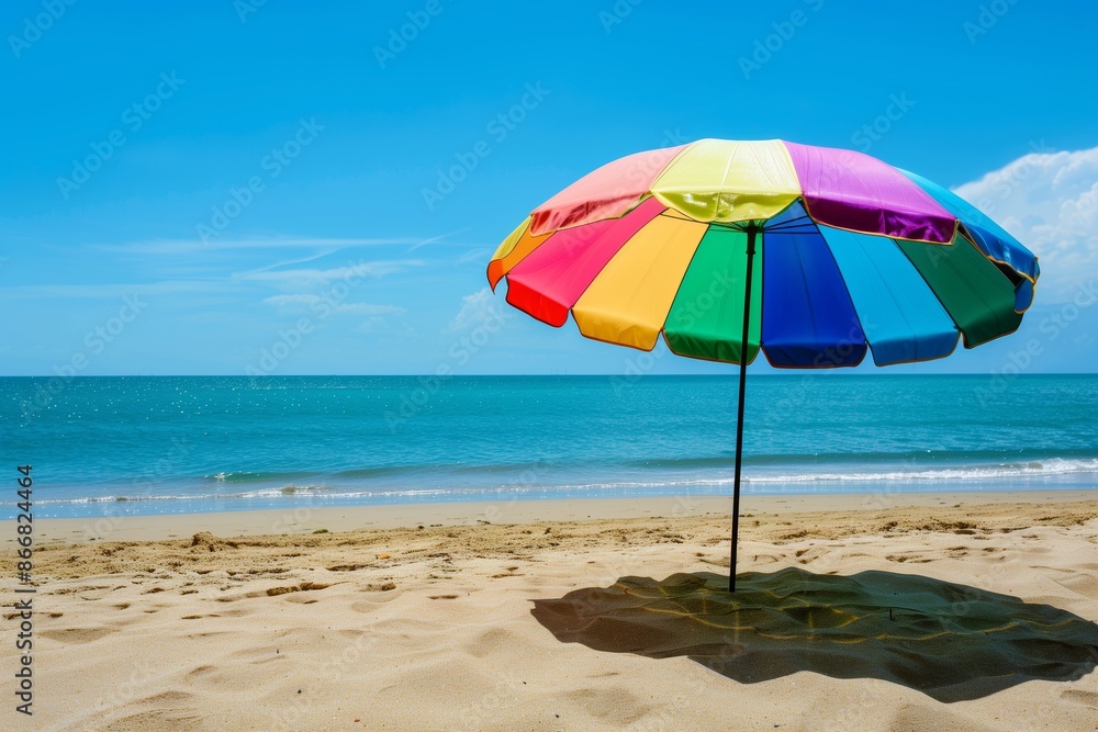 Colorful beach umbrella set against a clear blue sky and sandy beach background Colorful beach umbrella set against a clear blue sky and sandy beach background