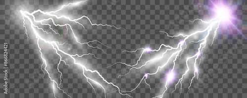 Set of electric lightning and thunderstorms. Light effect from rain.

