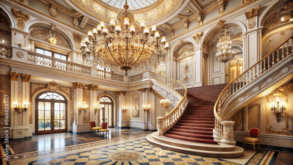 Obraz premium Opulent ballroom features majestic stucco molding, ornate artistic designs, crystal chandeliers, and a grand staircase, exuding luxury and sophistication in a lavish atmosphere.