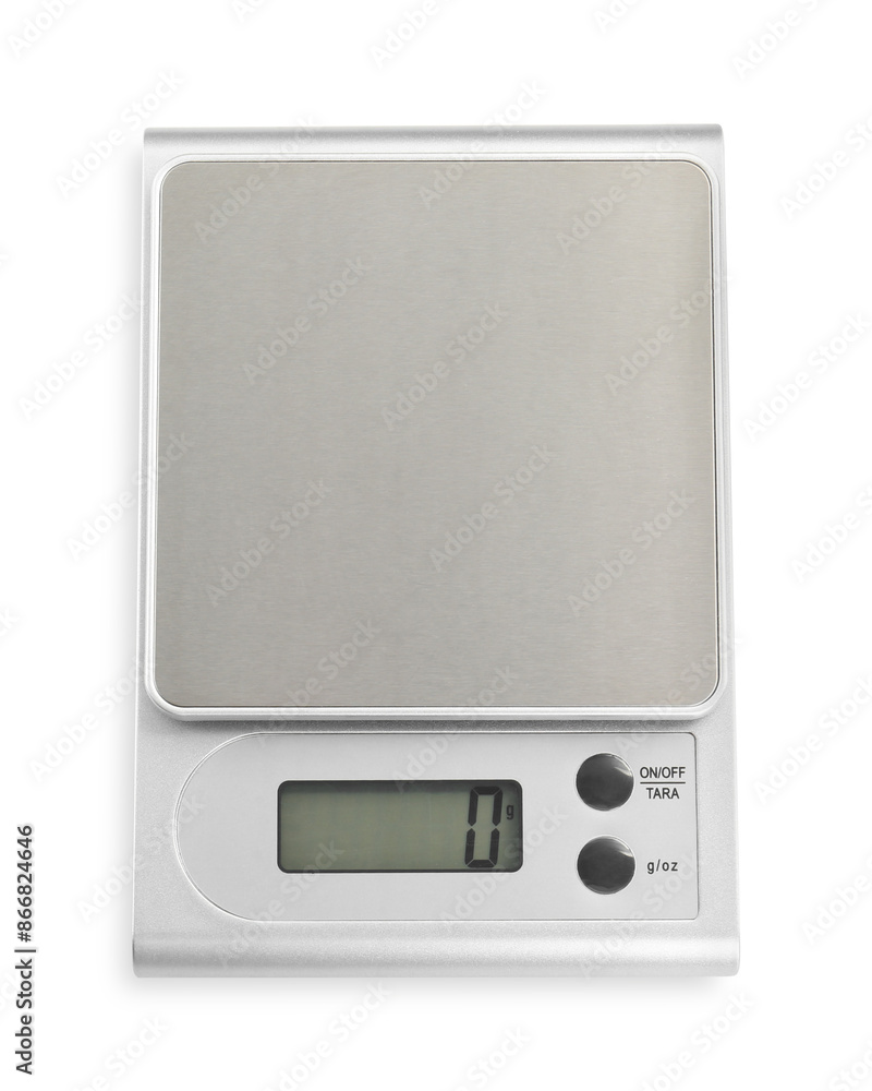 One metal kitchen scale isolated on white, top view One metal kitchen scale isolated on white, top view