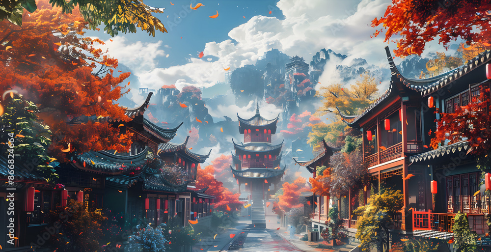Obraz premium Panoramic view of a traditional Chinese village nestled amidst lush autumn foliage and towering mountains