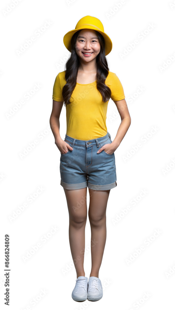 Young Asian Woman Wearing Yellow T-Shirt, Denim Shorts and Yellow Hat Standing with Hands in Pockets Young Asian Woman Wearing Yellow T-Shirt, Denim Shorts and Yellow Hat Standing with Hands in Pockets