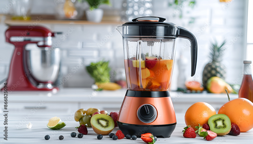 blender with fruit smoothie and fresh fruits on white wooden table over kitchen background blender with fruit smoothie and fresh fruits on white wooden table over kitchen background