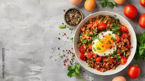 Minced meat cooked with tomatoes eggs parsley and pepper displayed on a neutral background Top down view with room for text