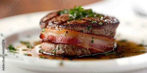 Succulent Bacon-Wrapped Filet Mignon Served with Savory Sauce on White Plate. Concept Food Photography, Gourmet Cuisine, Fine Dining Presentation photo