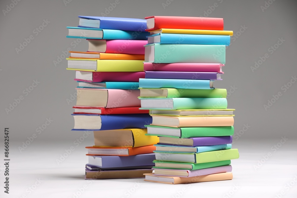 Stacks of colorful books on light grey background Stacks of colorful books on light grey background
