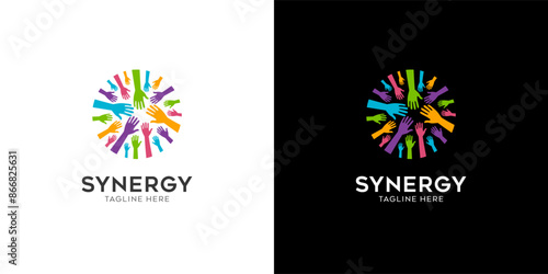 Synergy logo, concept of two or more entities working together. Interlocking circles symbolize the coming together of various elements