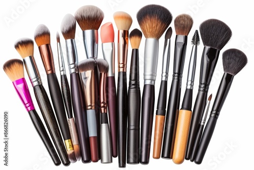 Collection of Makeup Brushes and Cosmetics Isolated on White Background