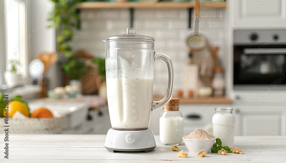 blender with milk coctail on white wooden table over kitchen background blender with milk coctail on white wooden table over kitchen background
