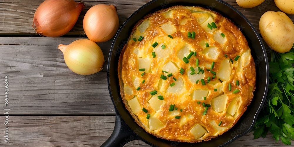 Top-down view of Spanish tortilla with potatoes and onions on a rustic background. Concept Food Photography, Spanish Cuisine, Rustic Background, Top-Down Shot Top-down view of Spanish tortilla with potatoes and onions on a rustic background. Concept Food Photography, Spanish Cuisine, Rustic Background, Top-Down Shot