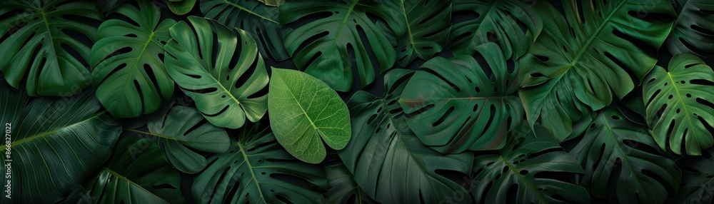 Fototapeta premium Lush green foliage with large leaves, creating a natural, textured background.